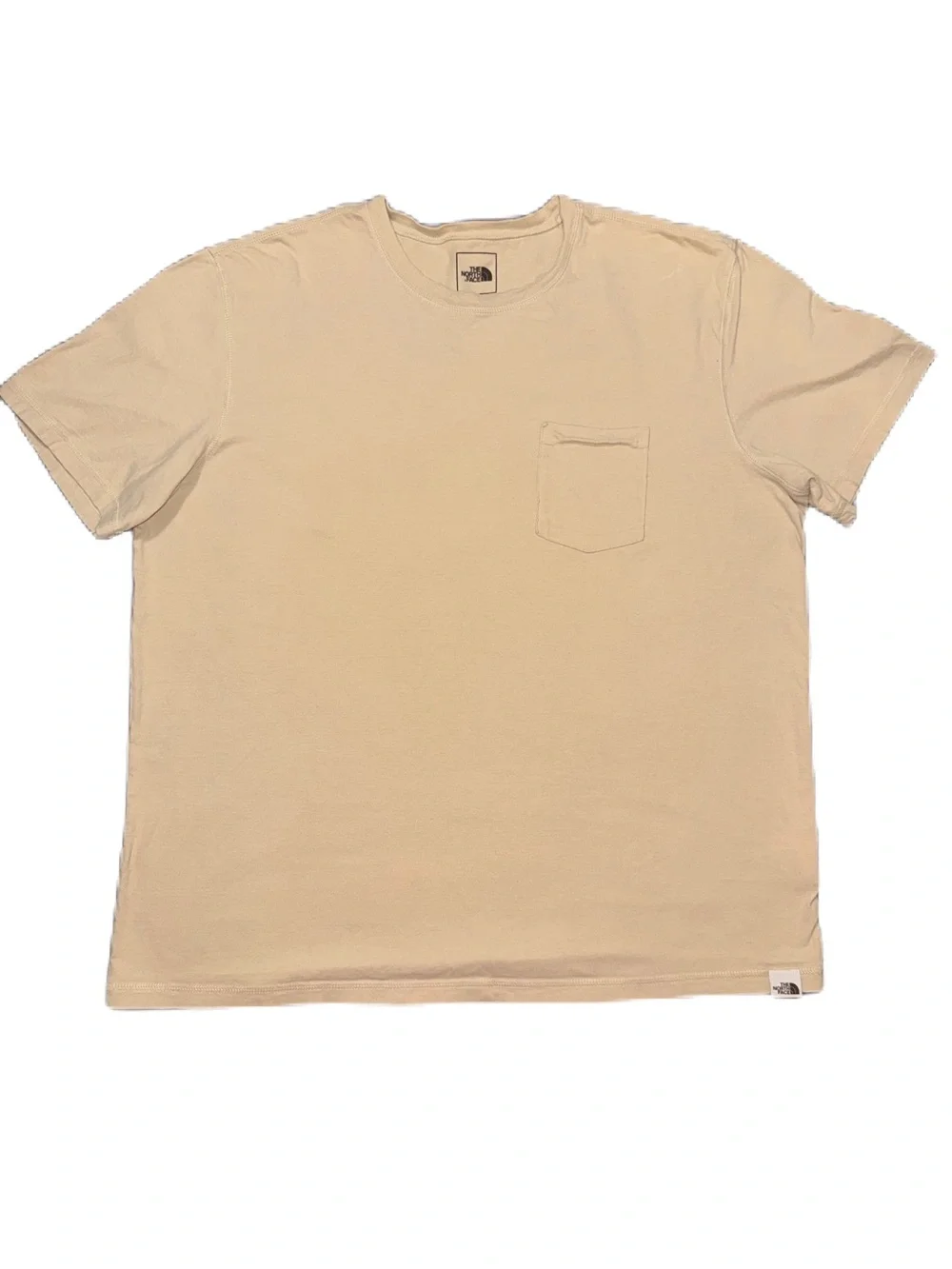 The North Face XL Short Sleeve Logo Tag T-shirt Tan Cream Cotton Retro EUC